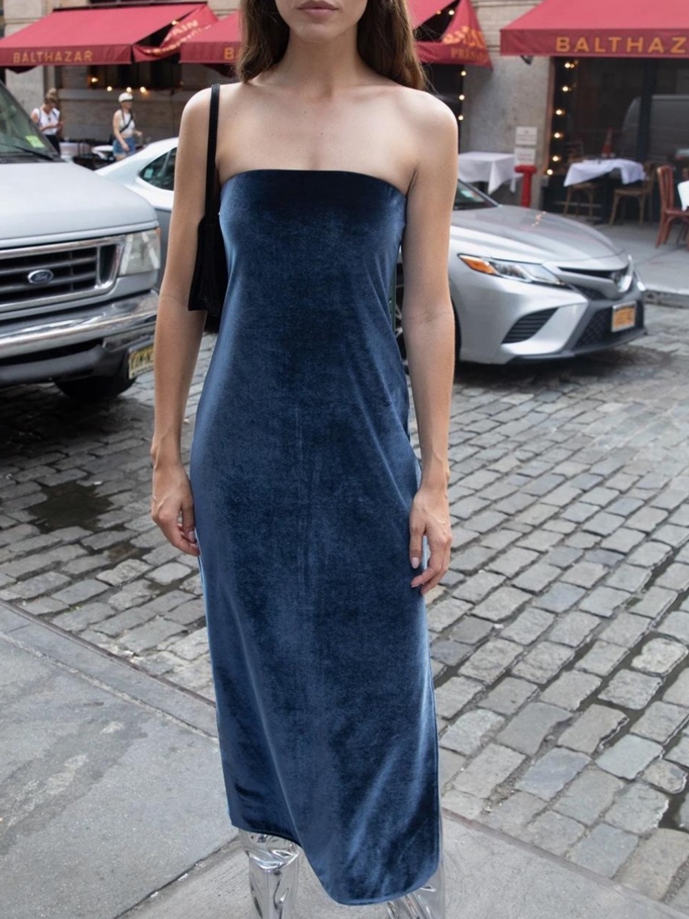 OAK + FORT Strapless Velvet Midi Dress in Deep Navy